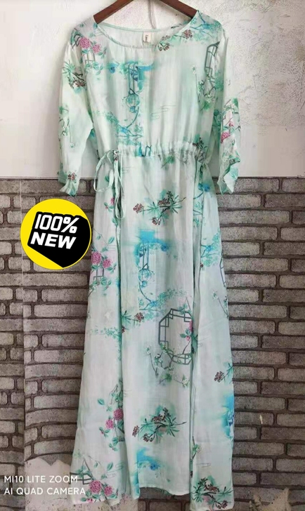 全新 苎麻印花复古连衣裙