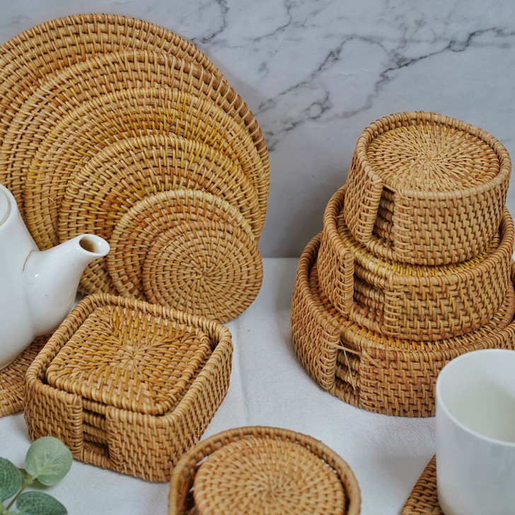越南秋藤编杯垫茶垫托 茶壶托 圆形厨房餐垫...