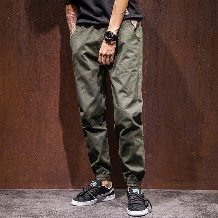 日系青年纯色百搭休闲裤潮牌徽章工装裤男死飞...
