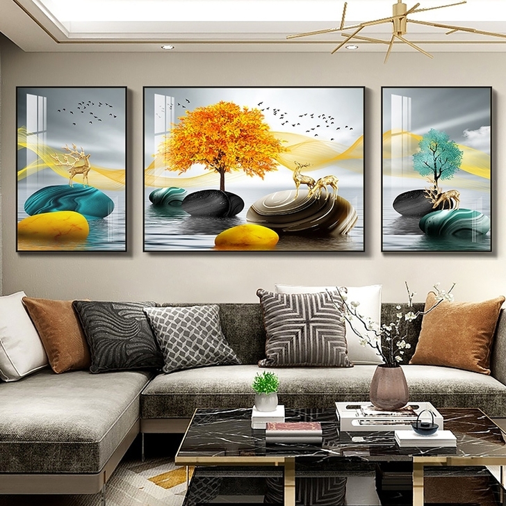 晶瓷画三联画客厅装饰画挂画镶钻晶瓷画现代简...