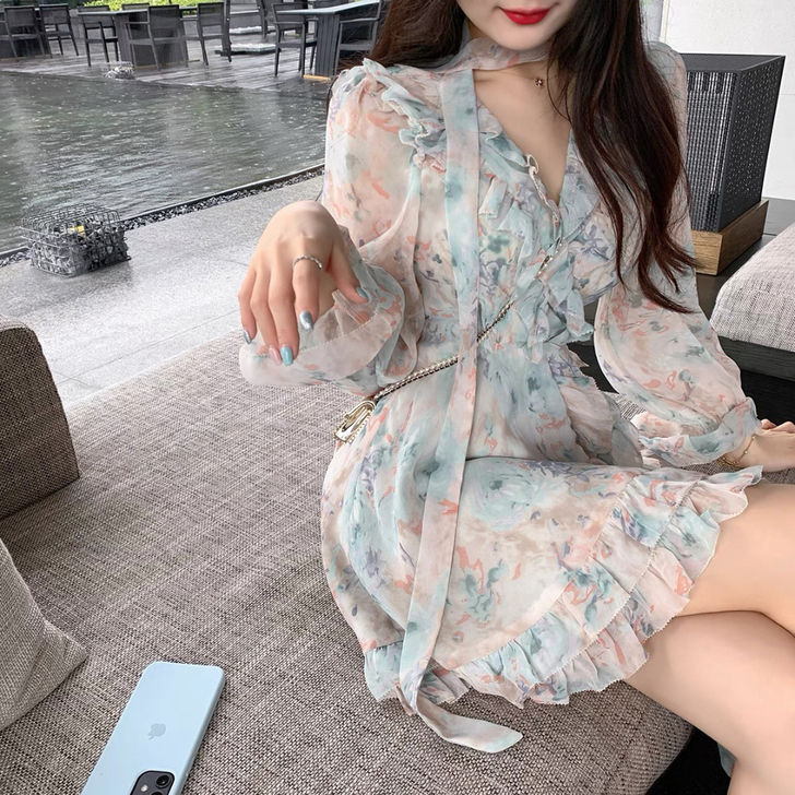 byyou 连衣裙 莫兰迪绿 碎花雪纺裙 ...