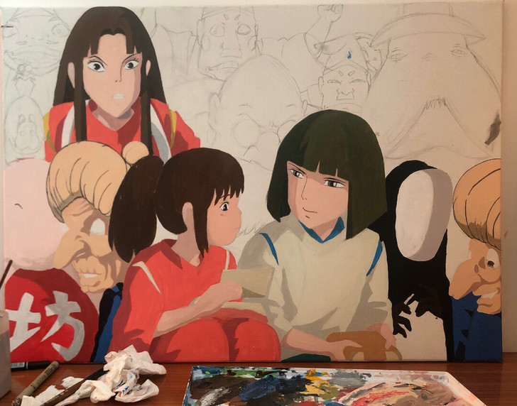 手绘《千与千寻》丙烯画装饰画5070