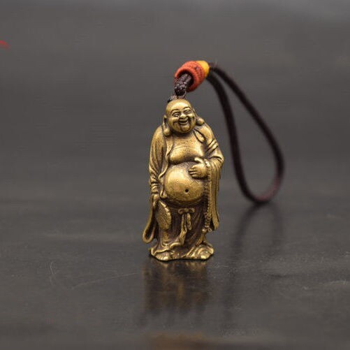 实心黄铜雕铸大肚弥勒佛小摆件铜佛像钥匙扣挂...