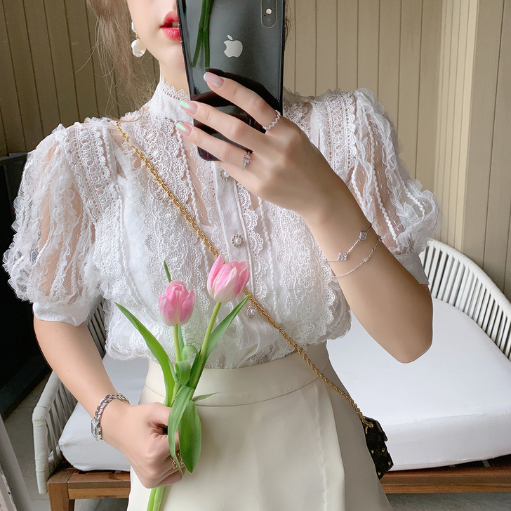 ByYou 白色泡泡袖镂空内搭蕾丝衫女长袖...