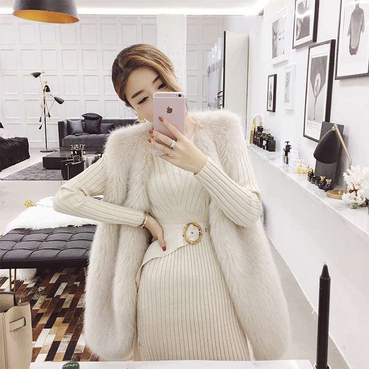 ByYou春季韩版中长款白色气质包臀毛衣裙...