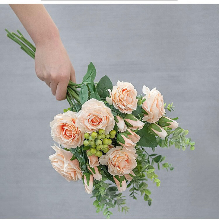 玫瑰花尤加利仿真花假花新娘手捧花伴娘婚礼花...