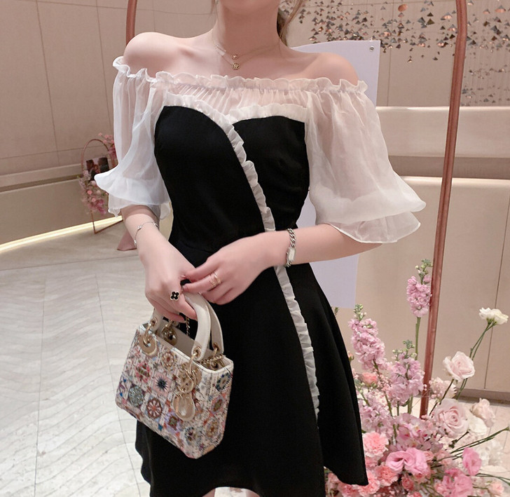 ByYou 夏季气质收腰显瘦木耳边连衣裙女...