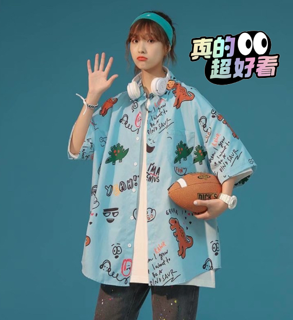 卡通涂鸦满印短袖衬衫男士夏季薄款ins潮流...