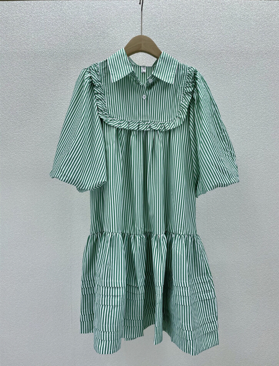 全新   韩系小清新复古泡泡袖条纹连衣裙