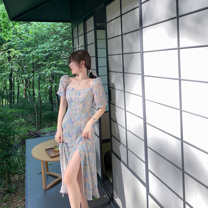 ByYou 法式复古方领雪纺碎花连衣裙收腰...