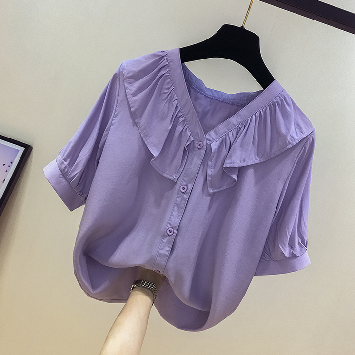 紫色V领短袖雪纺衫女2021夏季新款纯色时...
