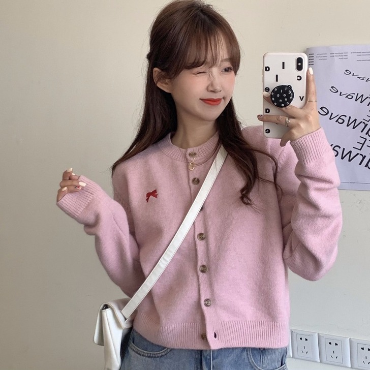 毛针织衫 粉色蝴蝶结针织外套开衫 显嫩 仅...