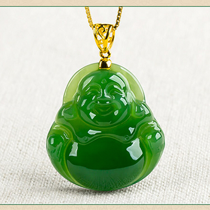 和田玉碧玉色佛公吊坠女弥勒佛玉石金镶玉坠项...
