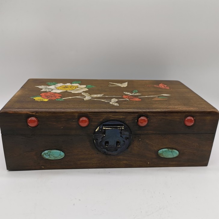 古玩收藏，木制镶嵌宝石首饰盒，蝶恋花，复古...