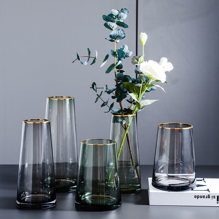 轻奢简约描金玻璃花瓶透明北欧时尚简约大气烟...