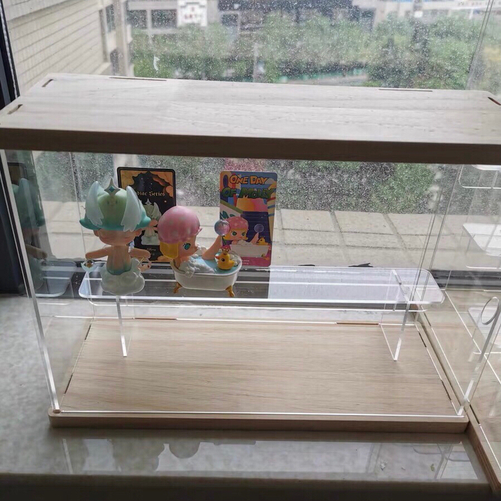 泡泡玛特实木亚克力透明盲盒手办收纳桌面展示盒