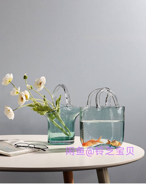 标题】网红创意透明玻璃手提包包花瓶摆件客厅...
