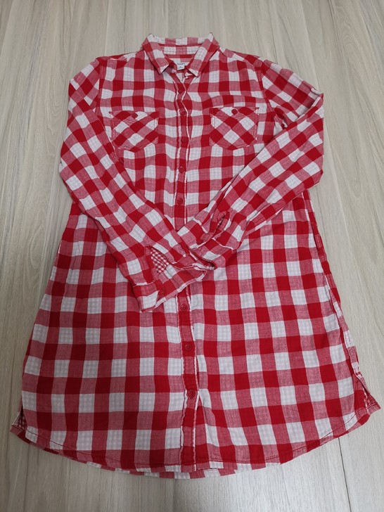 红色格双面长袖长装女生甜美长装款色织布料～...