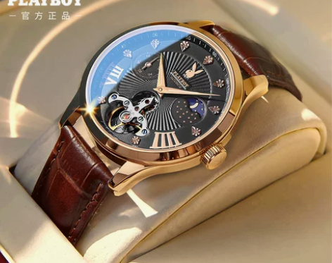 正品花花公子手表男士机械表全自动十大镂空陀...