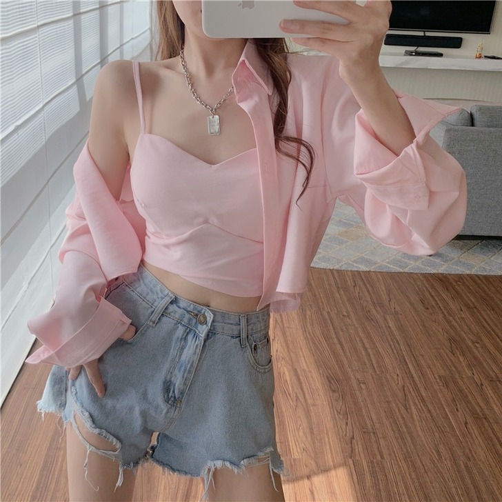 夏季2021新款气质休闲翻领长袖衬衣+修身...