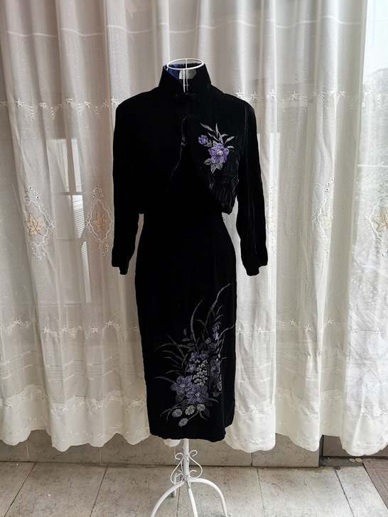 vintage真丝绒烫花纹套装旗袍 古着真...