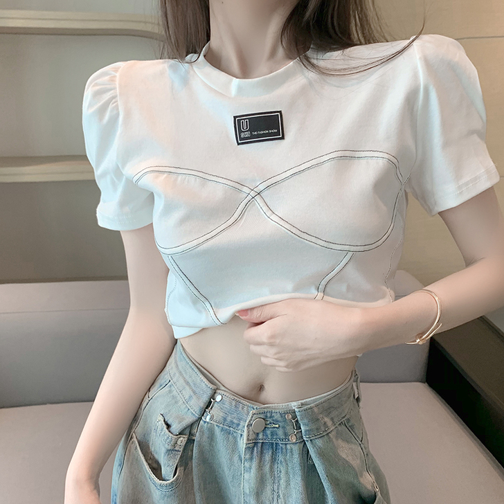 夏装2021年韩风chic高腰短款泡泡袖上...