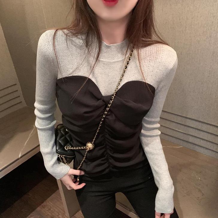 2021早秋新款设计褶皱修身撞色抹胸拼接假...