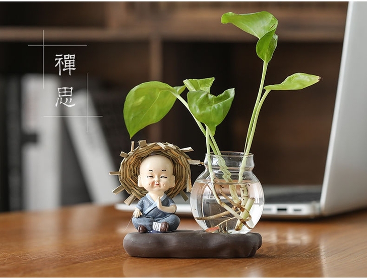 超可爱！创意玻璃摆件和尚小花器花盆特价茶桌...