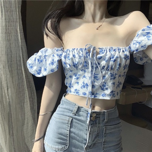 碎花衬衫法式方领泡泡袖衬衣女装夏季2021...