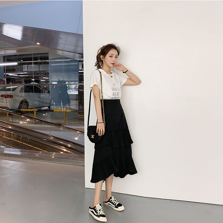 蛋糕裙半身裙 女2019新款春夏不规则黑色...