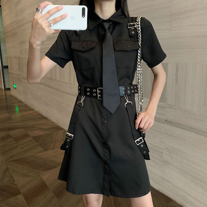 酷酷风格女装黑暗系欧美帅气polo领短袖衬...