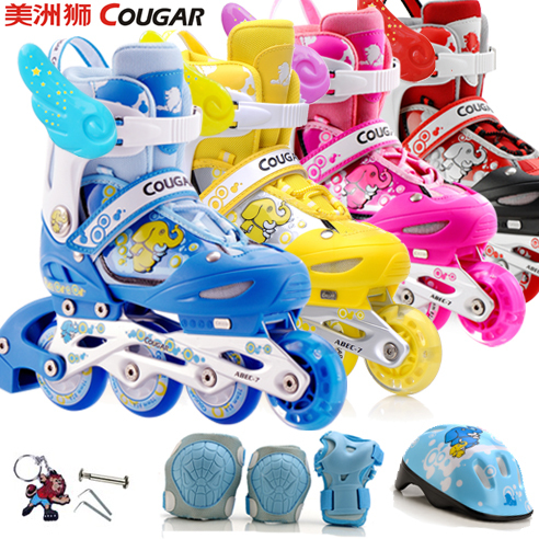 正品美洲狮溜冰鞋儿童全套装可调闪光直排轮滑...