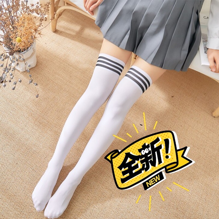 春夏秋日系三条防滑高筒袜子过膝袜女学院风长...