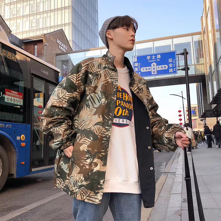 迷彩外套男春秋季韩版潮流双面穿黑色夹克港风...