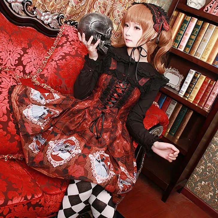 织锦园新款原创印花JSK 小红帽复古修身l...