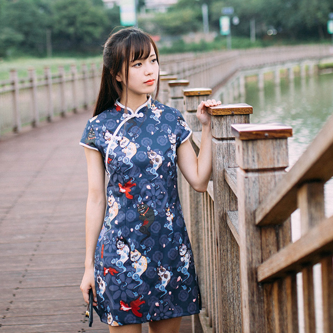 [古怪舍]猫魂短款袖改良版旗袍少女软妹连衣...