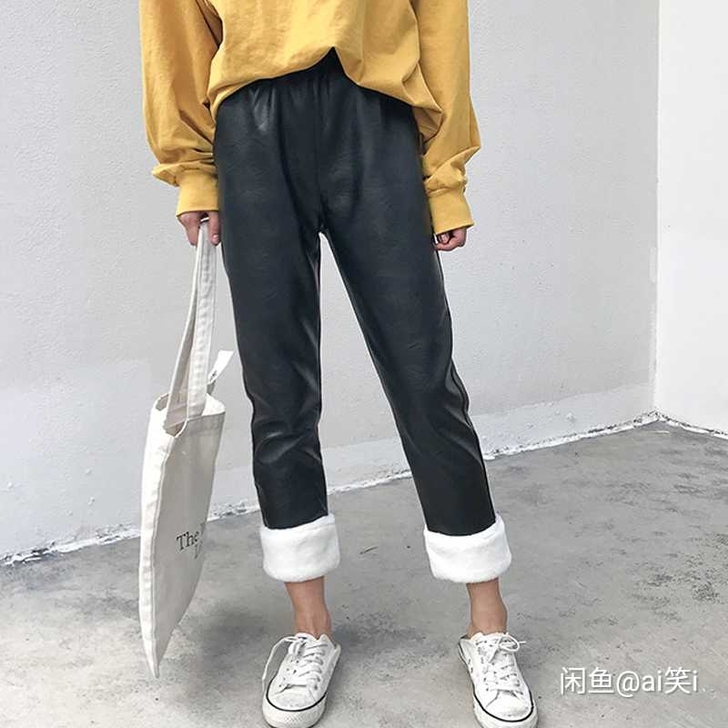 秋冬韩版宽松仿羊羔毛九分裤PU皮加绒保暖哈...