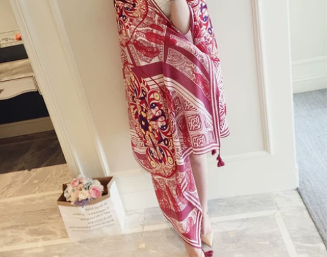 小溜春夏季棉麻红色民族风旅游海边度假防晒围...