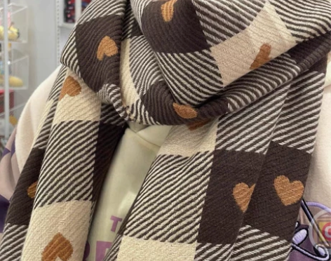 冬季围巾女仿羊绒双面格子爱心抖音直播爆款加...
