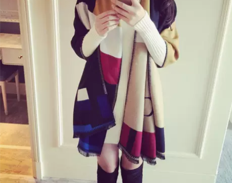 围巾女春秋冬季韩版格子围脖空调超大加厚仿羊...