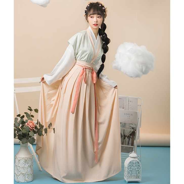 汉青月（春晓） 唐褙子交领短衫褶裙原创改良...