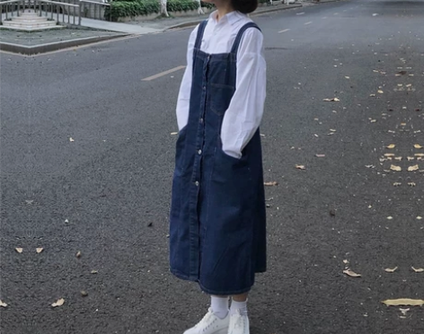 复古宽松秋季牛仔背带裙女2021新款韩版大...