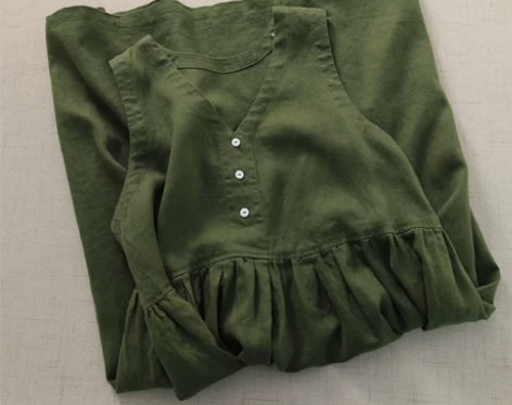 V领背心裙前后两穿减龄文艺背带裙日系亚麻无...