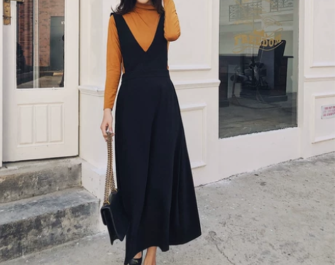 秋季新款2019法式连衣裙收腰显瘦洋气背带...