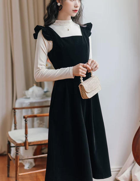 背带裙套装新款秋冬季针织两件套裙子丝绒连衣...