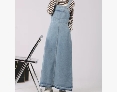 南相酱大裙摆毛边牛仔背带裙女春秋宽松显瘦小...