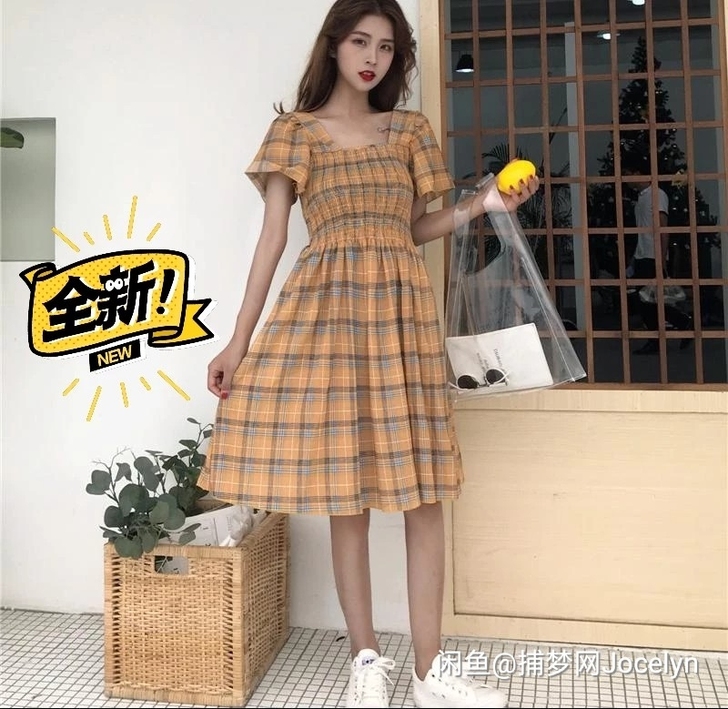【全新】格子连衣裙女夏季新款甜美方领收腰压...