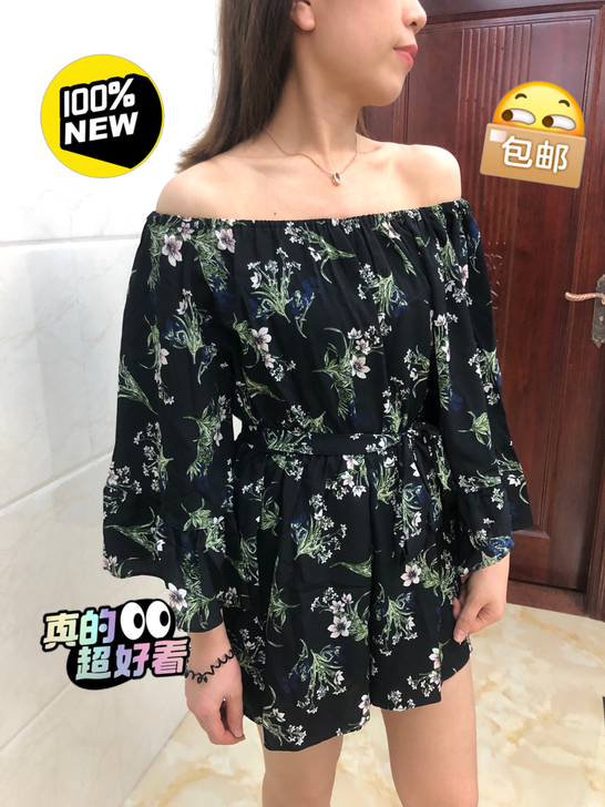 全新包邮秒发货 秋季三色新款翠花一字肩连体...