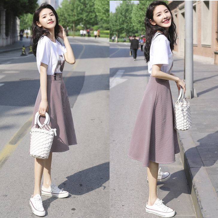 pphome半身裙子女夏冷淡风极简格子连衣...