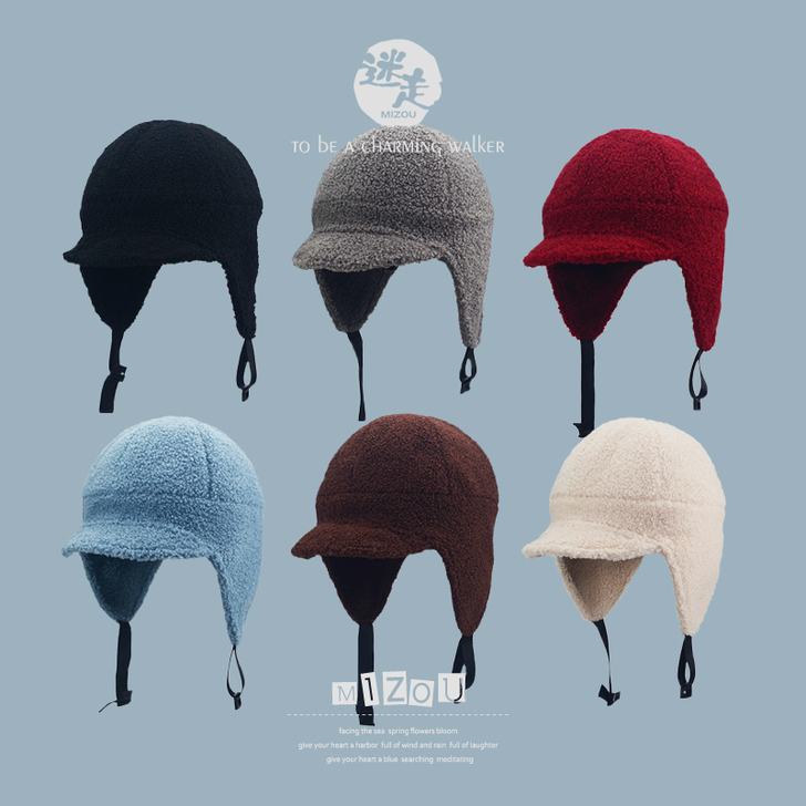 日系秋冬季简约纯色羊羔毛绒护耳骑行保暖雷锋...